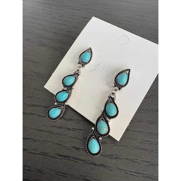 Turquoise Dangle Earrings Western‎ Style Silver Tone Drop Earrings Boho - Picture 4 of 5